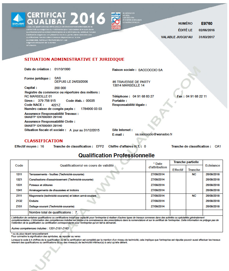 Certification Qualibat de l'entreprise de travaux publics à marseille SACCOCCIO
